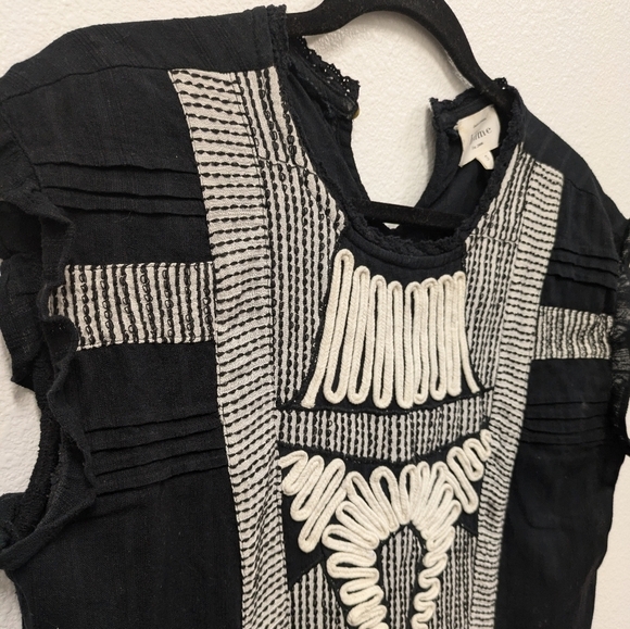 Böhme Black White Embroidered with Patch Fabric Short Sleeve Boho Top sz S - Picture 3 of 10